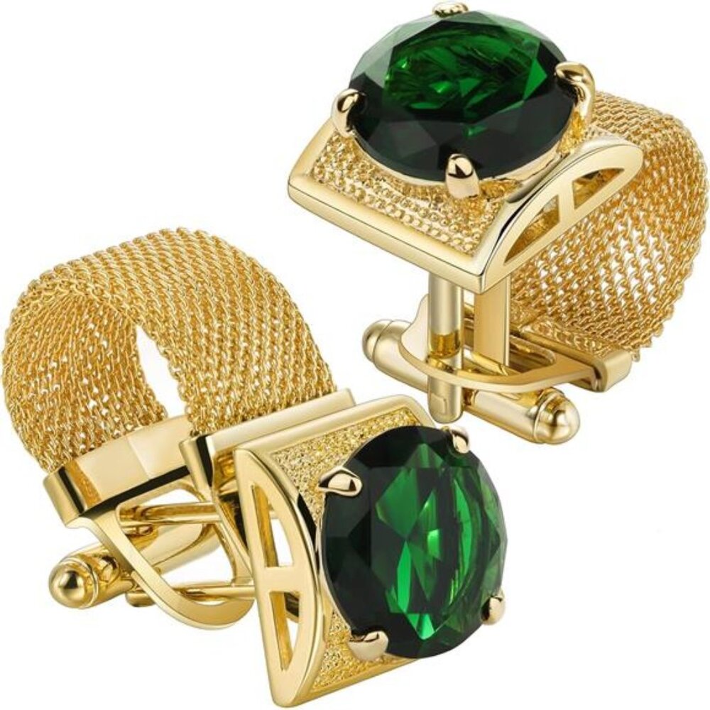 Mens Cufflinks with Chain - Stone and Shiny Gold Tone Shirt Accessories